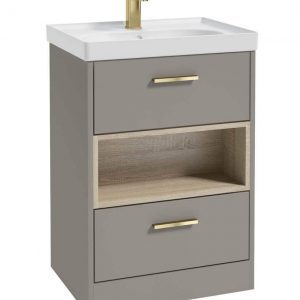 MALMO 60cm Two Drawer Matt Khaki Floor Standing Vanity Unit Matt Basin- Brushed Gold Handle