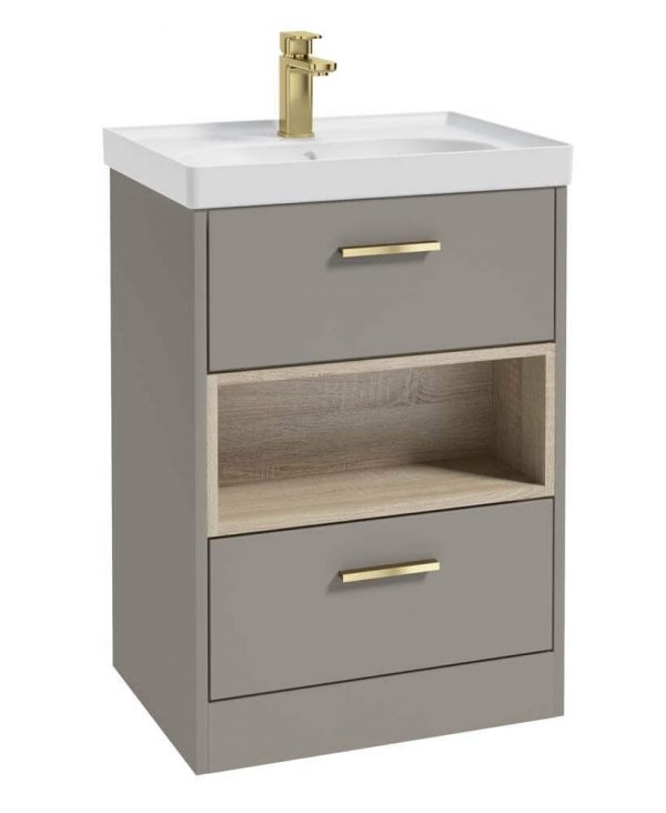  MALMO 60cm Two Drawer Matt Khaki Floor Standing Vanity Unit Matt Basin- Brushed Gold Handle