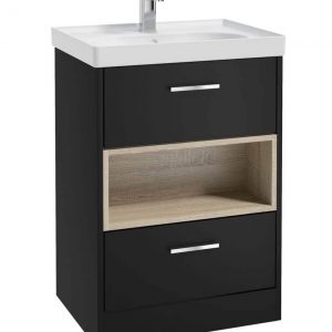 MALMO 60cm Two Drawer Matt Black Floor Standing Vanity Unit Matt Basin- Brushed Chrome Handle