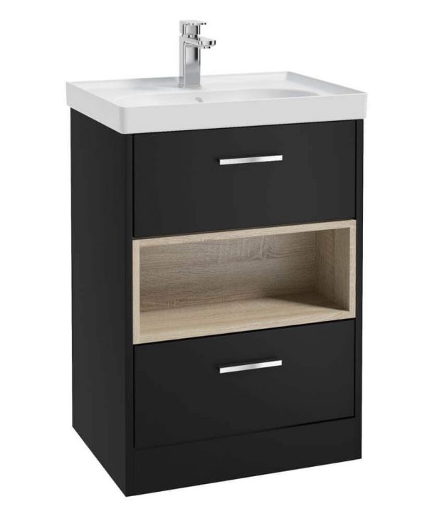  MALMO 60cm Two Drawer Matt Black Floor Standing Vanity Unit Matt Basin- Brushed Chrome Handle