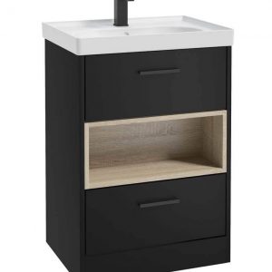 MALMO 60cm Two Drawer Matt Black Floor Standing Vanity Unit Matt Basin- Matt Black Handle