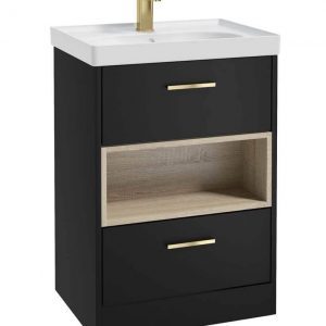 MALMO 80cm Matt Black Single Drawer Vanity Unit Matt Basin - Brushed Gold Handles