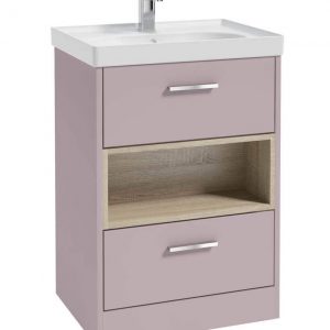 MALMO 60cm Two Drawer Matt Cashmere Pink Floor Standing Vanity Unit Matt Basin- Brushed Chrome Handle