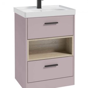 MALMO 60cm Two Drawer Matt Cashmere Pink Floor Standing Vanity Unit Matt Basin- Matt Black Handle