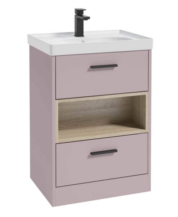  MALMO 60cm Two Drawer Matt Cashmere Pink Floor Standing Vanity Unit Matt Basin- Matt Black Handle