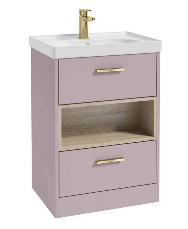  MALMO 60cm Two Drawer Matt Cashmere Pink Floor Standing Vanity Unit Matt Basin - Brushed Gold Handle