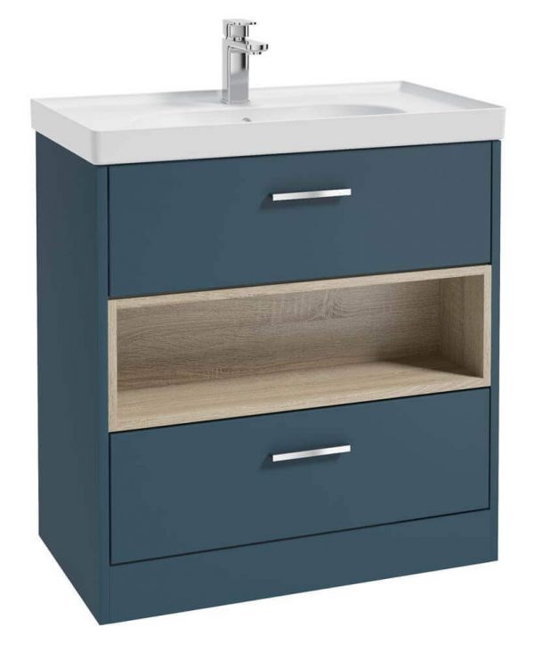  MALMO 80cm Two Drawer Matt Ocean Blue Floor Standing Vanity Unit Matt Basin - Brushed Chrome Handle