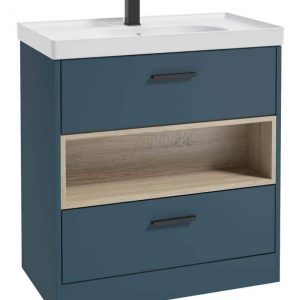 MALMO 80cm Two Drawer Matt Ocean Blue Floor Standing Vanity Unit Matt Basin - Matt Black Handle