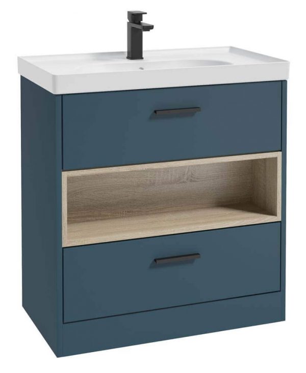  MALMO 80cm Two Drawer Matt Ocean Blue Floor Standing Vanity Unit Matt Basin - Matt Black Handle