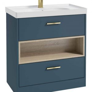 MALMO 80cm Two Drawer Matt Ocean Blue Floor Standing Vanity Unit Matt Basin - Brushed Gold Handle