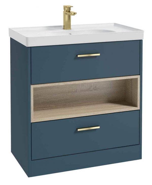  MALMO 80cm Two Drawer Matt Ocean Blue Floor Standing Vanity Unit Matt Basin - Brushed Gold Handle