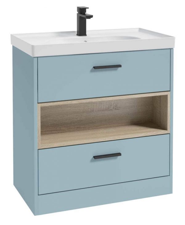  MALMO 80cm Two Drawer Matt Morning Sky Blue Floor Standing Vanity Unit Matt Basin- Matt Black Handle