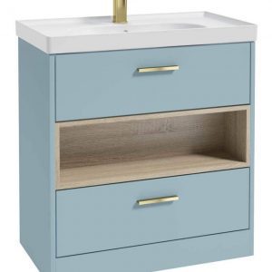 MALMO 80cm Two Drawer Matt Morning Sky Blue Floor Standing Vanity Unit Matt Basin- Brushed Gold Handle