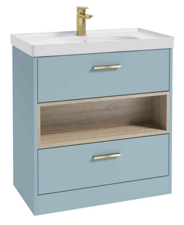  MALMO 80cm Two Drawer Matt Morning Sky Blue Floor Standing Vanity Unit Matt Basin- Brushed Gold Handle