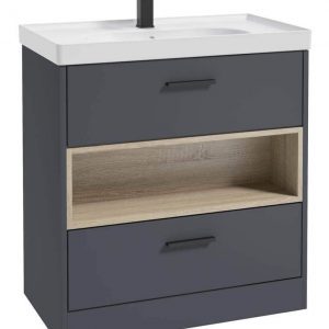 MALMO 80cm Two Drawer Matt Night Sky Blue Floor Standing Vanity Unit Matt Basin - Matt Black Handle