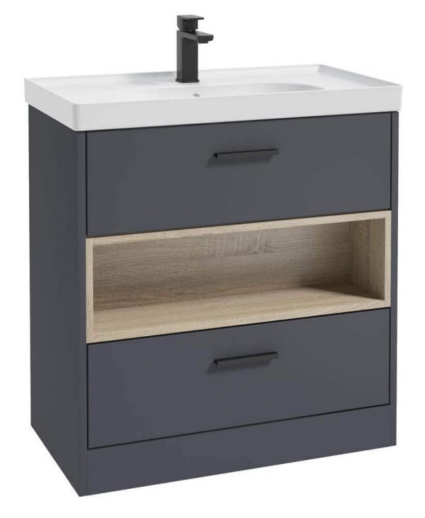  MALMO 80cm Two Drawer Matt Night Sky Blue Floor Standing Vanity Unit Matt Basin - Matt Black Handle