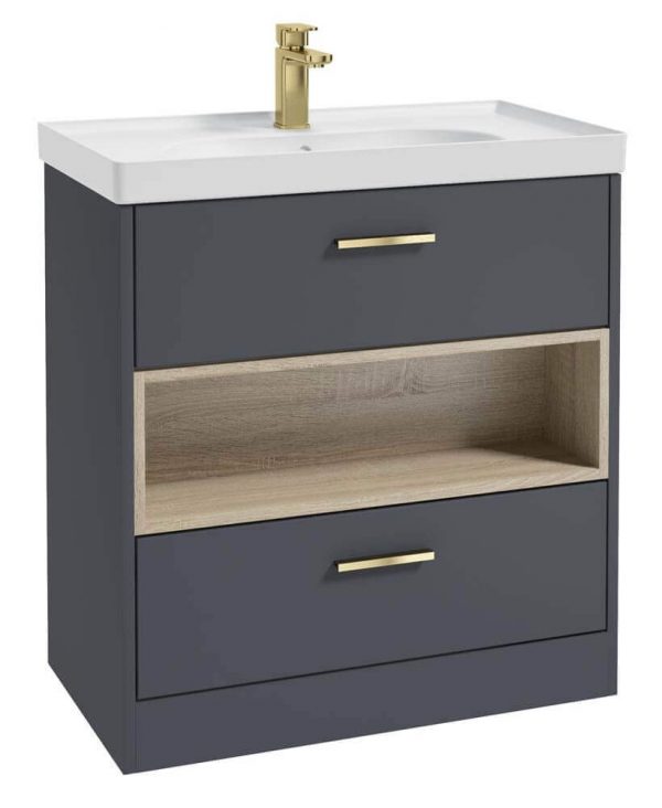  MALMO 80cm Two Drawer Matt Night Sky Blue Floor Standing Vanity Unit Matt Basin - Brushed Gold Handle