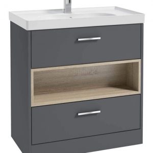 MALMO 80cm Two Drawer Matt Midnight Grey Floor Standing Vanity Unit Matt Basin - Brushed Chrome Handle