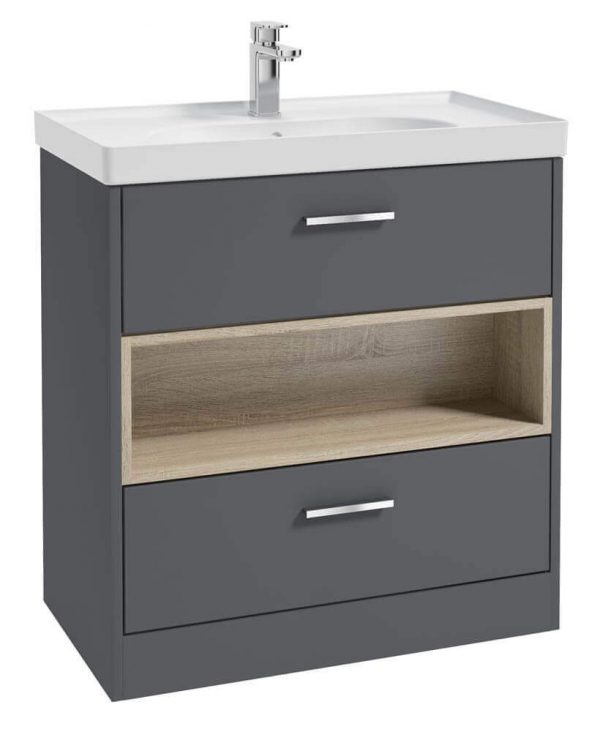  MALMO 80cm Two Drawer Matt Midnight Grey Floor Standing Vanity Unit Matt Basin - Brushed Chrome Handle