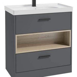 MALMO 80cm Two Drawer Matt Midnight Grey Floor Standing Vanity Unit Matt Basin - Matt Black Handle