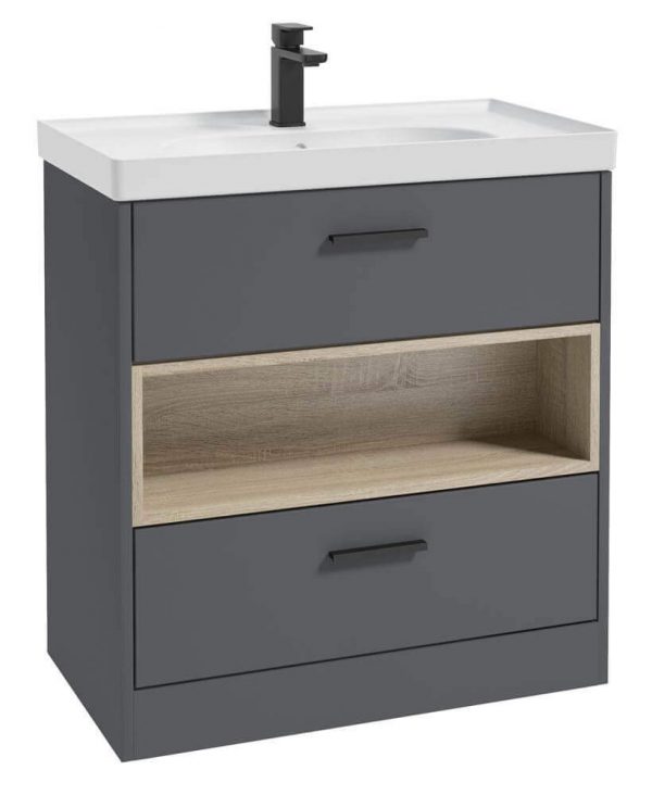  MALMO 80cm Two Drawer Matt Midnight Grey Floor Standing Vanity Unit Matt Basin - Matt Black Handle