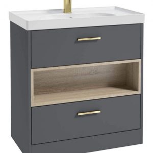 MALMO 80cm Two Drawer Matt Midnight Grey Floor Standing Vanity Unit Matt Basin - Brushed Gold Handle