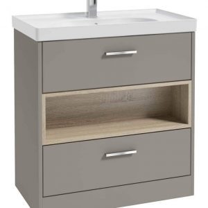 MALMO 80cm Two Drawer Matt Khaki Floor Standing Vanity Unit Matt Basin - Brushed Chrome Handle