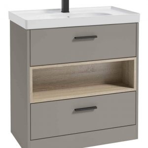 MALMO 80cm Two Drawer Matt Khaki Floor Standing Vanity Unit Matt Basin - Matt Black Handle