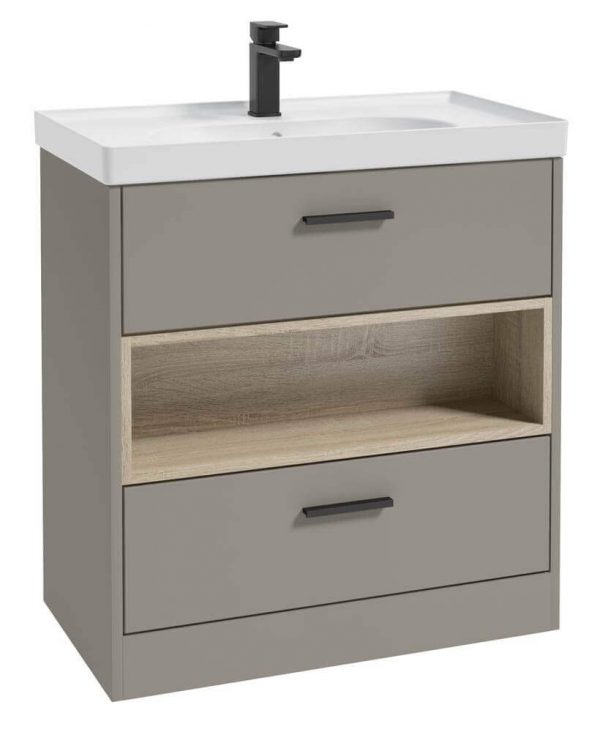  MALMO 80cm Two Drawer Matt Khaki Floor Standing Vanity Unit Matt Basin - Matt Black Handle