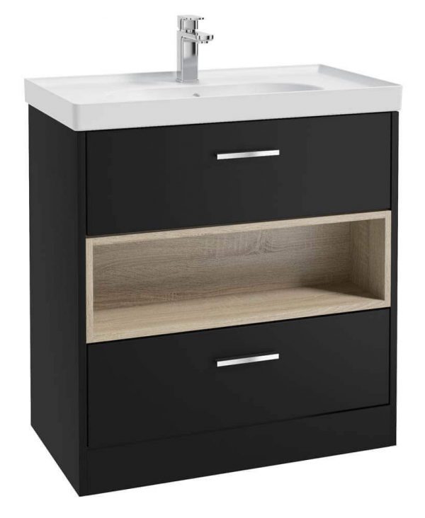  MALMO 80cm Two Drawer Matt Black Floor Standing Vanity Unit Matt Basin - Brushed Chrome Handle