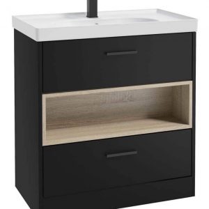 MALMO 80cm Two Drawer Matt Black Floor Standing Vanity Unit Matt Basin - Matt Black Handle