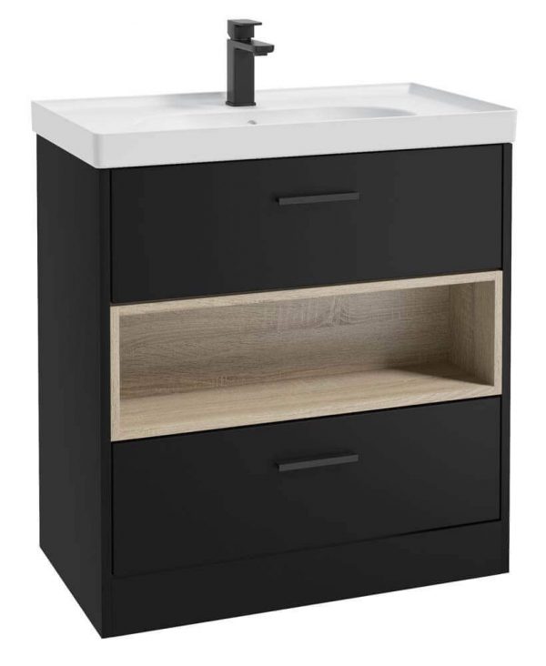  MALMO 80cm Two Drawer Matt Black Floor Standing Vanity Unit Matt Basin - Matt Black Handle