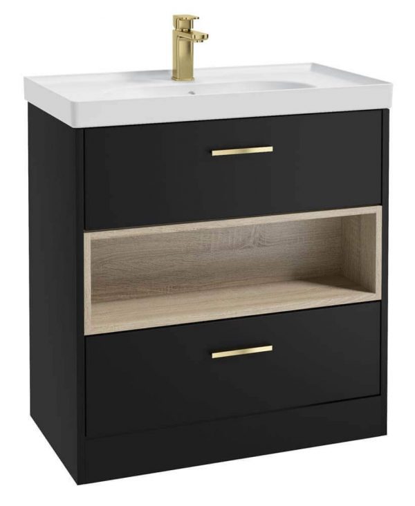  MALMO 80cm Two Drawer Matt Black Floor Standing Vanity Unit Matt Basin - Brushed Gold Handle