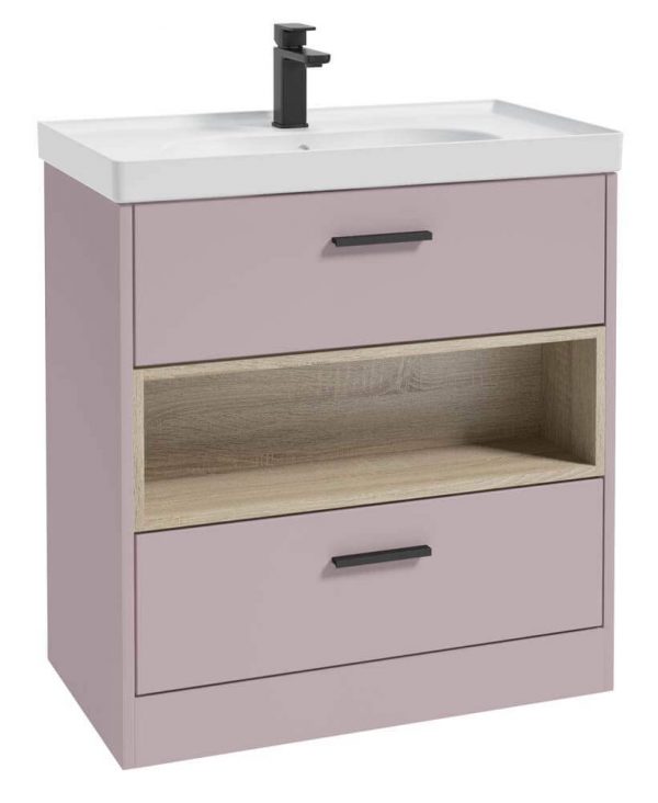  MALMO 80cm Two Drawer Matt Cashmere Pink Floor Standing Vanity Unit Matt Basin - Matt Black Handle