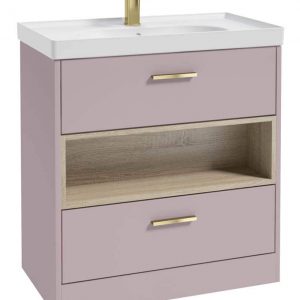 MALMO 80cm Two Drawer Matt Cashmere Pink Floor Standing Vanity Unit Matt Basin - Brushed Gold Handle