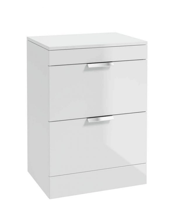  STOCKHOLM 60cm Floor Standing Two Drawer Gloss White  Countertop Vanity Unit - Brushed Chrome Handle