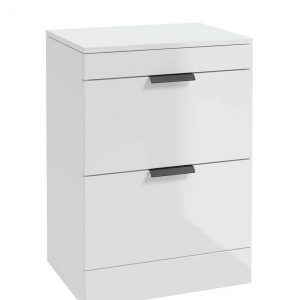 STOCKHOLM 60cm Floor Standing Two Drawer Gloss White  Countertop Vanity Unit - Matt Black Handle