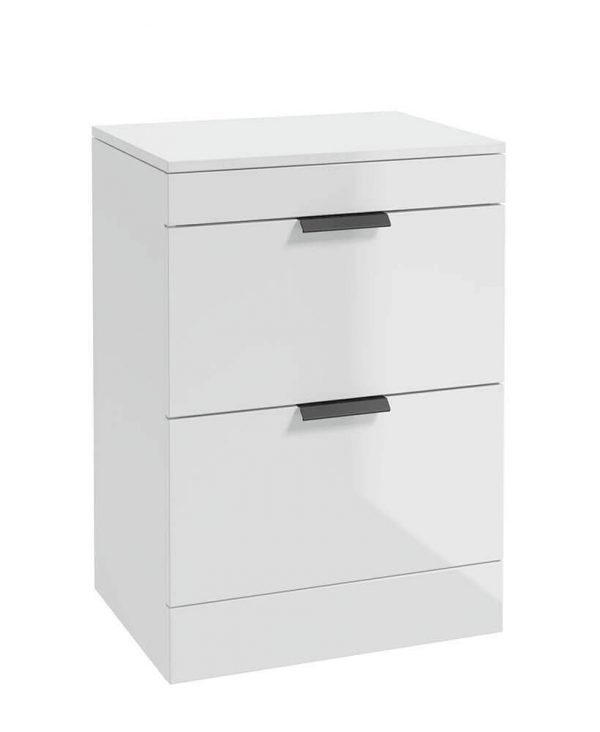  STOCKHOLM 60cm Floor Standing Two Drawer Gloss White  Countertop Vanity Unit - Matt Black Handle