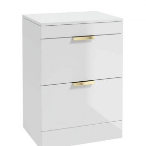 STOCKHOLM 60cm Floor Standing Two Drawer Gloss White Countertop Vanity Unit - Brushed Gold Handle