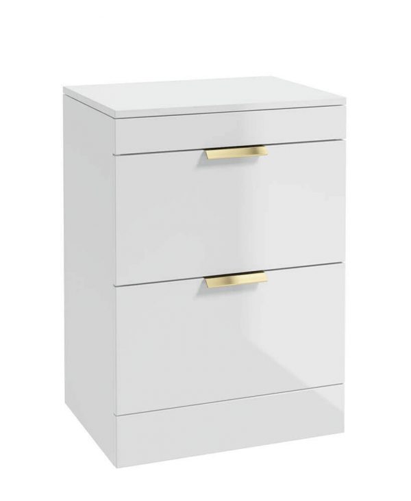  STOCKHOLM 60cm Floor Standing Two Drawer Gloss White Countertop Vanity Unit - Brushed Gold Handle