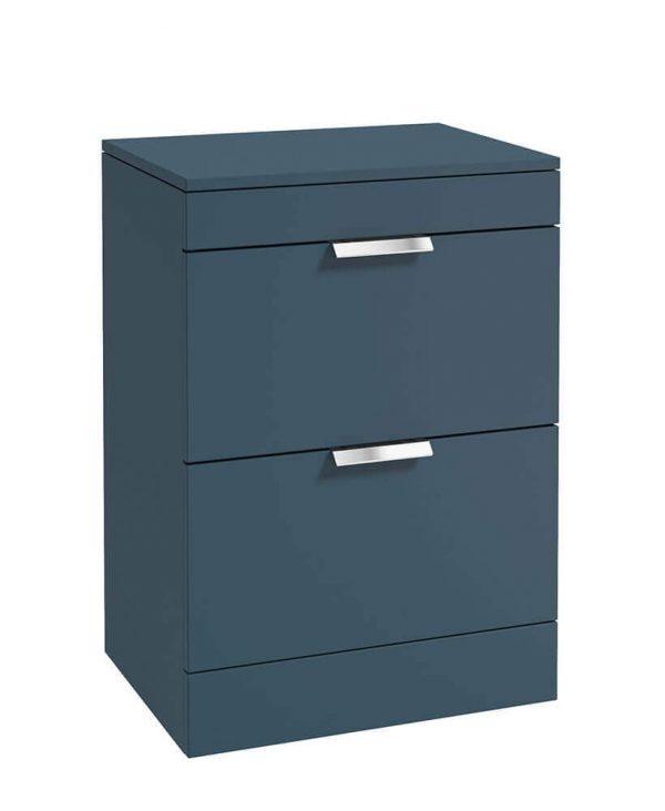  STOCKHOLM 60cm Floor Standing Two Drawer Matt Ocean Blue Countertop Vanity Unit - Brushed Chrome Handle