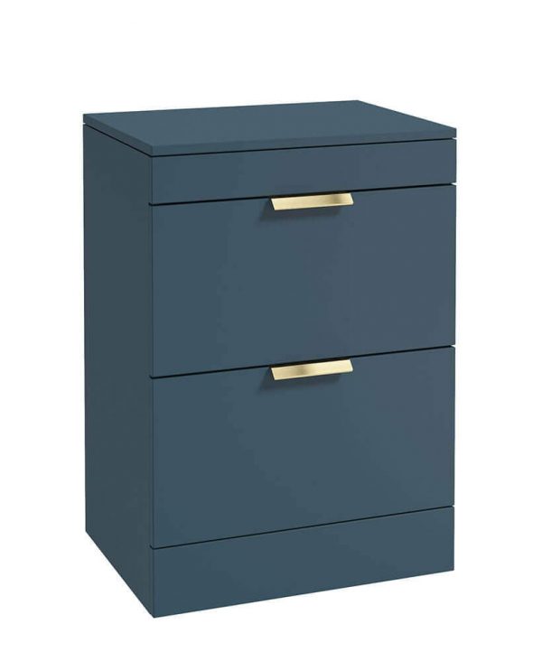  STOCKHOLM 60cm Floor Standing Two Drawer Matt Ocean Blue Countertop Vanity Unit - Brushed Gold Handle