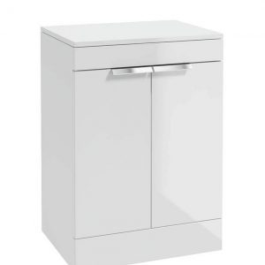 STOCKHOLM 60cm Floor Standing Two Door Gloss White  Countertop Vanity Unit - Brushed Chrome Handle