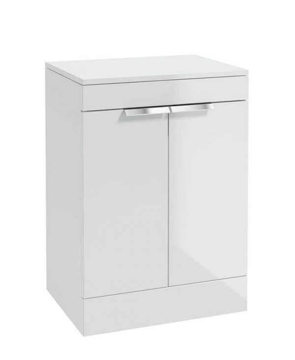  STOCKHOLM 60cm Floor Standing Two Door Gloss White  Countertop Vanity Unit - Brushed Chrome Handle