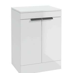 STOCKHOLM 60cm Floor Standing Two Door Gloss White  Countertop Vanity Unit - Matt Black Handle