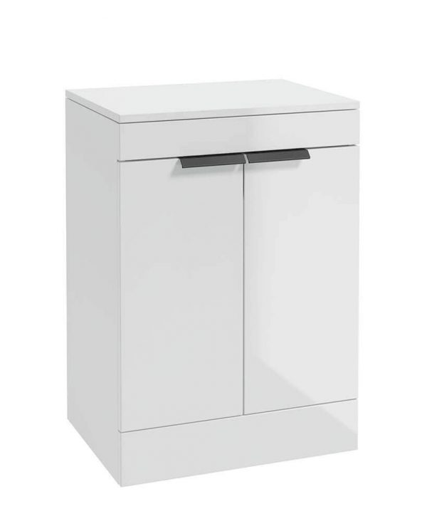  STOCKHOLM 60cm Floor Standing Two Door Gloss White  Countertop Vanity Unit - Matt Black Handle