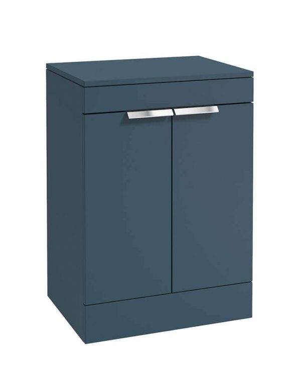  STOCKHOLM 60cm Floor Standing Two Door Matt Ocean Blue Countertop Vanity Unit - Brushed Chrome Handle