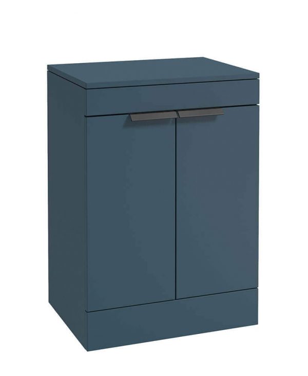  STOCKHOLM 60cm Floor Standing Two Door Matt Ocean Blue Countertop Vanity Unit - Matt Black Handle